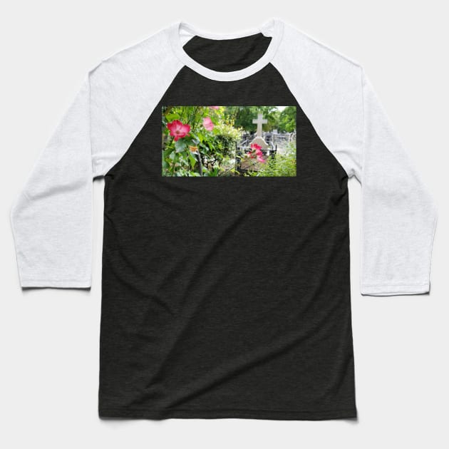 Paris Montmartre Cemetery Cross with Pink Flowers Baseball T-Shirt by BlackBeret